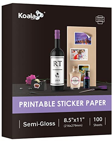 Koala Semi Glossy Sticker Paper for Inkjet & Laser Printer - 100 Sheets 8.5 x 11 Inch Printable Photo Sticker Paper, Work Well with Cutting Machine