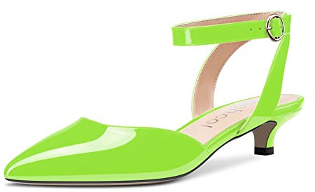 Aachcol Mujer Gatito Bajos Heel Cerrado el Dedo del pie Puntiaguada Punta Pumps Correa Tobillo Slingback Cierre con Hebilla Sandalias de Boda Oficina Cute Clásico Zapatos Verde Lima Charol 37 EU