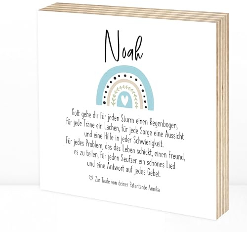 Wunderpixel® Holzbild Taufspruch mit Regenbogen Segen-Spruch blau - personalisiert mit Namen, 15x15x2cm zum Hinstellen/Aufhängen, Fotodruck, Spruch auf Holz, Wand-Bild Aufsteller Zuhause Dekoration