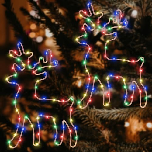 Beleuchtet Rentier Weihnachtsdeko, 120 LED Bunt Fenster Beleuchtung Lichterketten, 8 Modi Mit Timer Batterie Leuchte Deko Hängen Weihnachtsbeleuchtung Halloween, Vorhang, Balkon, Hochzeit (2 Stück)