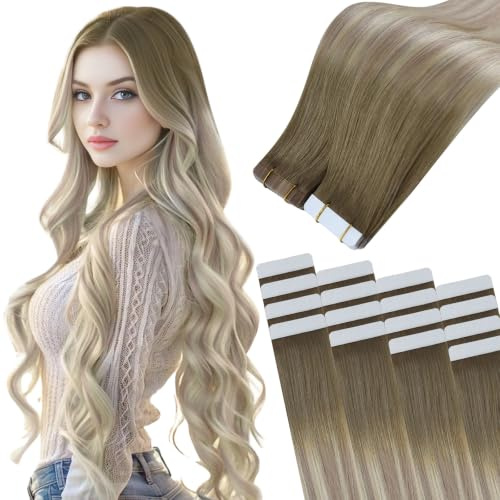 Easyouth Extensions Echthaar Tape Balayage Braun Tape in Extension Echthaar Balayage Hellbraun Hellblond Extension Tapes Menschenhaar Glänzen #8/18/60 40cm 40g