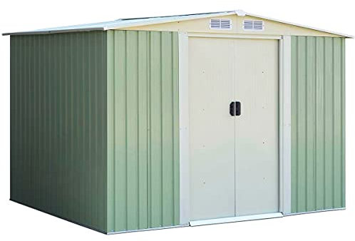 COSTWAY 6 x 4FT/8 x 6FT Metal Garden Shed, Outdoor Galvanized Tool Storage House with 4 Air Vents, Sliding Doors and Ramp, Weatherproof Gardening Organizer Box (Green, 6 x 8FT)