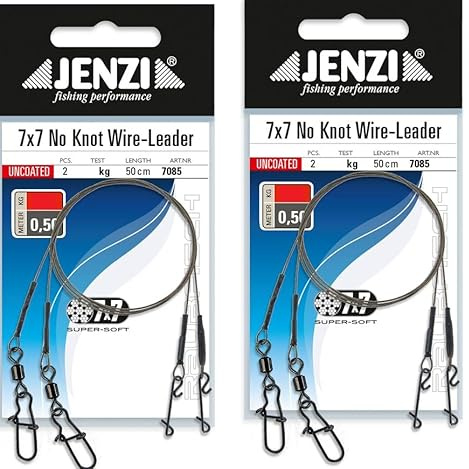 Set: 4 Stück x 7x7 Super-Soft-Stahlvorfach mit Wirbel und knotenlos Verbinder von Jenzi, 6, 9, 12, 15 & 20 Kg, Länge 50 cm + Petri Heil! Aufkleber