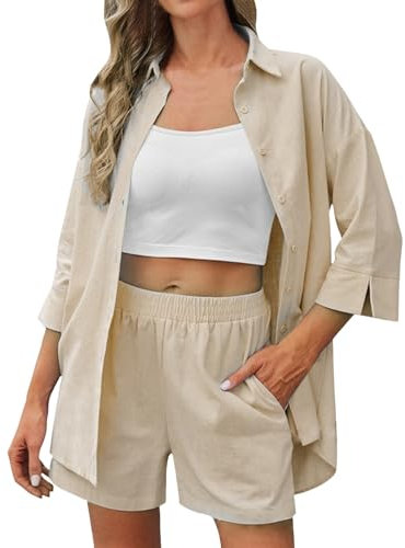 Zweiteiler Damen Mit Shorts Sommer Short Set Loungewear Short Und Blusen Kurzarm Sommer Elegant Outfit 2 Teiler Rundhalsausschnitt Einfarbig Zweiteiler Outfit Leicht Musselin Bluse Damen