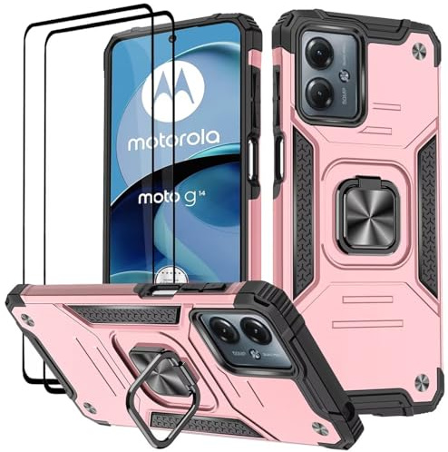 KANSi Funda para Motorola Moto G14, Cristal Vidrio Templado [2 Piezas] Capa Anillo iman Soporte Hard PC y Silicona TPU Antigolpes Armor Carcasa - Oro Rosa