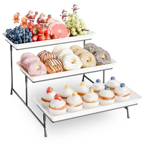 3-Tier Melamine Serving Tray Set, 14x7 Platters for Serving Food, White Reusable Trays with Black Metal Display Stand for Cupcakes, Sevring Food, Dessert, Fruit, Cookie, Black