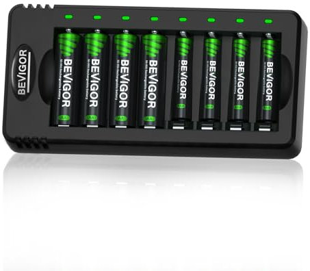 BEVIGOR 8 Slot AA AAA Battery Charger with 4 Pcs AA 2800mAh & 4 Pcs AAA 1100mAh NI-MH Rechargeable Batteries, Individual Battery Charger with Type C Input 5V 2A Fast Charging Function