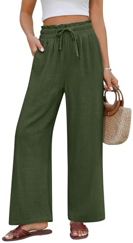PASUDA Pantalon Femme Été Lin Pantalons Décontractés Pantalon Taille Haute Elastique Pantalon en Coton Chanvre Léger Large Pantalon Fluide Ample avec Poches (Vert, S)