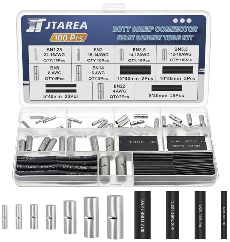 JTAREA 100 Stücke 7 Typen Stoßverbinder Unisoliert Set mit Schrumpfschlauch Nicht Isolierte Butt Connectors Kabelverbinder Quetschverbinder 0,5-25 mm² Kabel Crimp Verbindung Kit für Automobile Boote