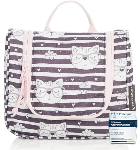 TA Trend Atelier Kinder Kulturtasche zum Aufhängen – nachhaltiger Waschbeutel & Kulturbeutel aus recyceltem Polyester, wasserabweisend, mit Spiegel & Fächern (Katze)