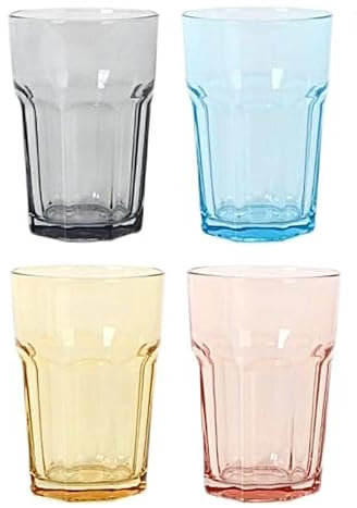 TRESV Set de 4 Vasos de cristal agua, Vasos Colores, Vasos de Cristal de 365cc,Aptos para Lavavajillas (Set de 4 Colores 365cc)