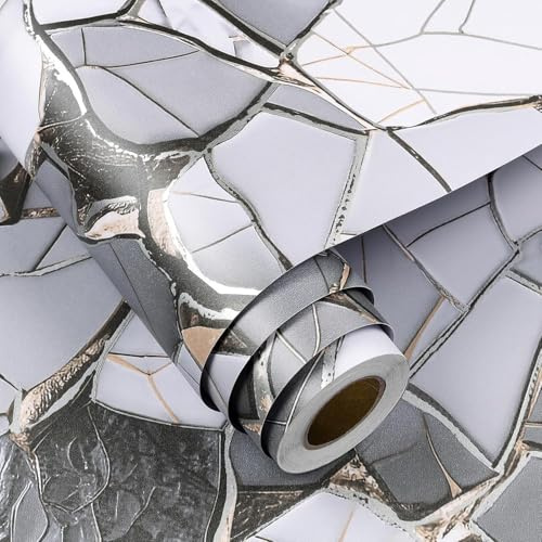 FunStick Selbstklebende Marmor Tapete Grau Weiß Klebefolie Küchenrückwand Schrank Tapete Selbstklebend Marmor Folie Arbeitsplatte Tisch Grau Zerbrochener Marmoroptik Küchenfolie Schrankpapier 30CM×5M