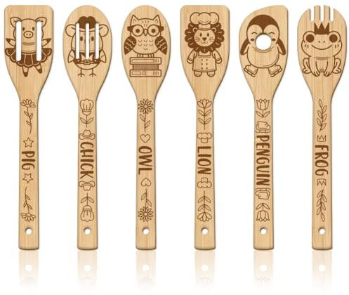GLOBLELAND 6 Pièces Ensemble de Ustensiles en Bois avec Motifs D'Animaux Mignons Sculpture en Bambou Cuillères de Cuisine Spatules Gravées pour Mère Femmes Cadeau de Pendaison de Crémaillère Amusant