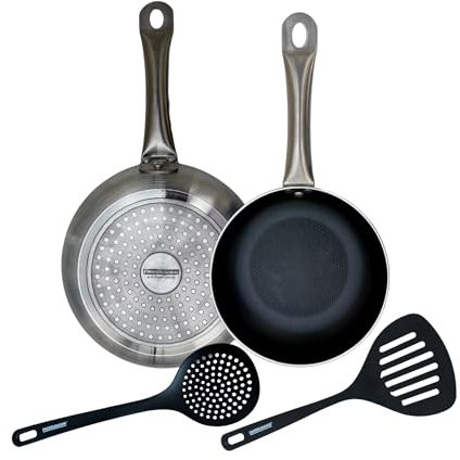 FMprofessional Set de 2 Sartenes Antiadherentes Profesionales de Aluminio 24/30 cm Diámetro, Espátula Ranurada y Espumadera de Plástico RPET 100% Reciclado, Apta para Lavavajillas