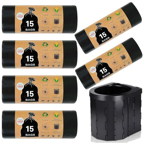 POWZOO 6 Rollen 90 Stück Toilettenbeutel Schwarz Set,Müllbeutel 30l,Hygienebeutel,Wasserdichte Trenntoilette Zubehör,Camping Zubehör,Toilettenbeutel Campingtoilette,für Mobile Toiletten,Wandern,Reisen