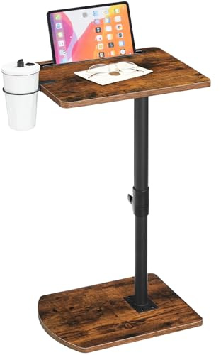 HOOBRO C-Form Beistelltisch Höhenverstellbar von 45,5-78 cm, 360° drehbarer Sofatisch mit Getränkehalter und Steckplatz, unter Sofa oder Bett verschiebbar, Vintagebraun und Schwarz EBF34SF01