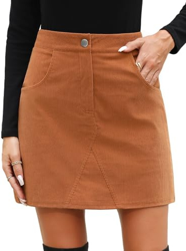 heekpek Gonna Corta Donna Autunno Invernale Vita Alta Elegante Minigonna Linea A Casual Gonne Invernali in Velluto a Coste con Tasche e Fodera, Marrone, M