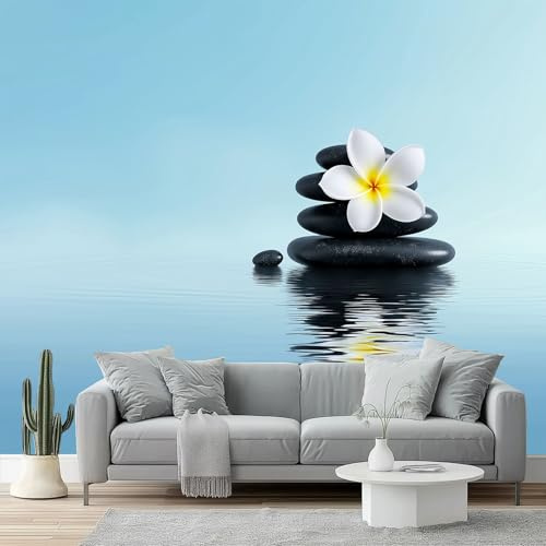 Fotomurales Plumeria, sanación zen Papel pintado tejido no tejido decoración Pared decorativos 400 x 280 cm Sala Cuarto Oficina Salón Decoración Casa Azul Blanco