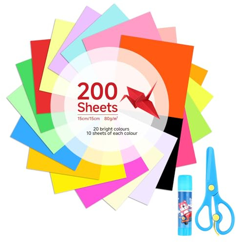 Arvoni Papel de Origami 200 Hojas, Folios Colores, Papel Craft de 20 Colores, 15x15 cm, Coloreado, 80 g/m², Origami Plegable Cuadrado de Doble Cara para Adultos