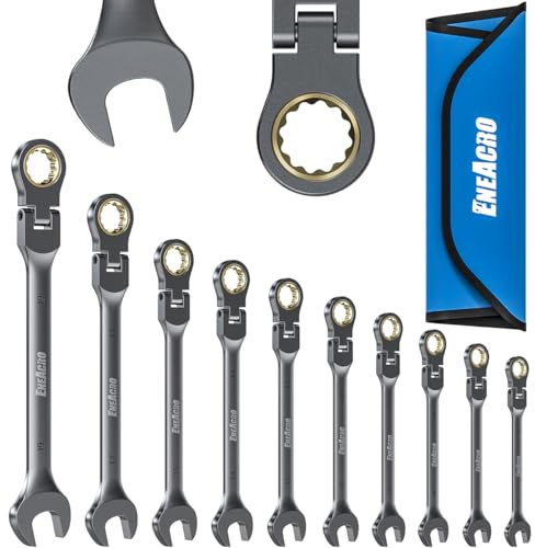 ENEACRO Juego de Llaves de Carraca Combinadas, Juego de Llaves Flexibles Antideslizantes de 10 Piezas, Métricas 8-19mm, 72 Dientes, Construidas en Cr-V, Niqueladas con Bolsa de Almacenaje