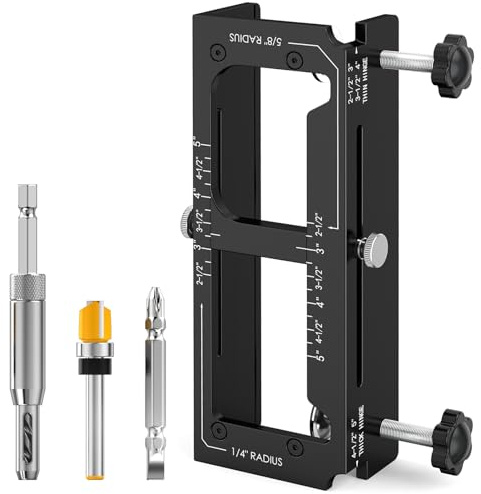 Door Hinge Jig, Door Hinge Router jig for Doors Only, Aluminum Alloy Door Hinge Template Mortise jig Kit for Router, Fits 2.5 to 5 Hinges, 1/4 Radius, 5/8 Radius, Square Corner Type, Not for Jamb