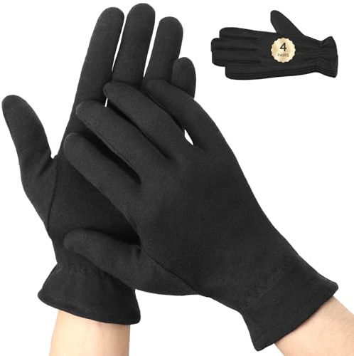 Segbeauty 8 Counts Elastic Black Cotton Work Gloves for Men, 4 Pairs Lotion Moisturizing Hand Cotton Gloves for Dry Hands Overnight Care with Elastic Band, Reusable Sleep Moisture Glove for Dry Hands