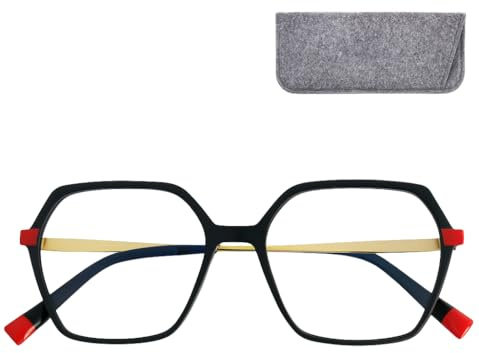 Blaulichtfilter Brille Damen – XL Computerbrille 6-eckig mit Etui | XL Blaulichtfilter-Brille für Bildschirm und Nahbereich; 61 x 51 mm Gläser, 25 g, Metallrahmen und Filzetui.