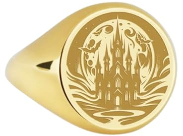 LKBEADS spökhus i 925 sterlingsilver | guldpläterad ring | Sigillring i rund form, 14 x 14 mm | Ringstorlek US 5–12,5 avelaibal | LKDR_0049