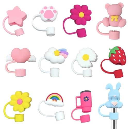 LEBKFT 12 Pcs Cute Silicone Straw Covers for Stanley Cup, Dust-Proof Straw Covers Cap Straws Toppers for 10mm Reusable Straws Ideal for 30/40 Oz Stanley Cup Accessories