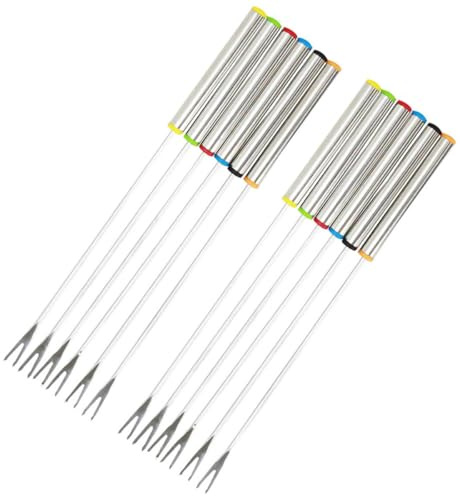 Healeved 12 Stück Fonduegabeln aus Edelstahl 24cm mit Hitzebeständigem Griff Bunte Käse und Obstgabeln für Fondue Grill Dessert Spülmaschinenfest Partyzubehör