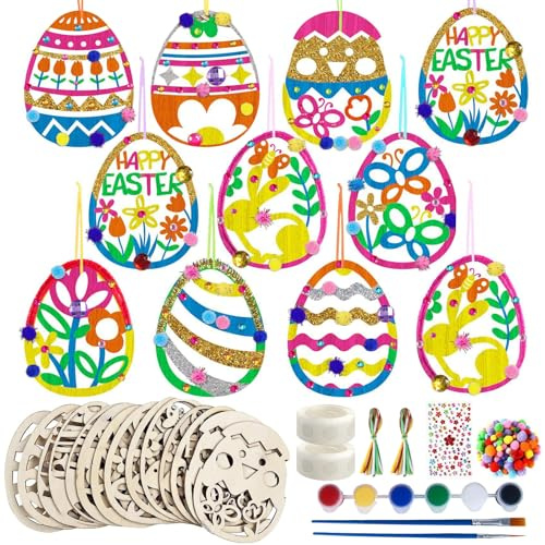 183 Stück Holzahänger Ostern Basteln Kinde, Ostereierbemalung aus Holz, Holzanhänger Ostern zum Bemalen, Enthält Pompons, Dekoseil, Strassaufkleber und Pinsel, DIY Ostereier zum Bemalen