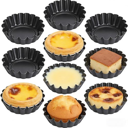 FDDU 10 Piezas Molde de Tarta de Huevo para Pudding, Moldes Mini Tartaletas Acero Carbono, Antiadherente Redondas Tarta de Huevo, para Pasteles, Tartas, Jaleas(6.5 * 4.5 * 2.3 cm)