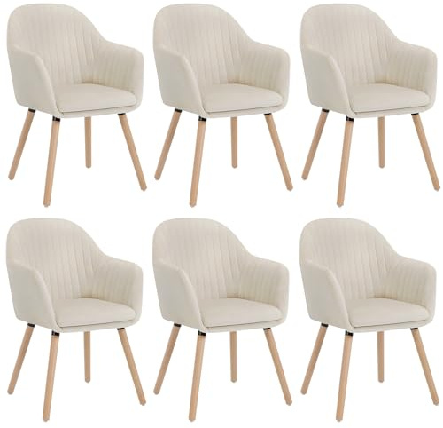 WOLTU Lot de 6 Chaises de Salle à Manger, Fauteuil en Velours, Rembourrée, avec Accoudoirs, Pieds en Bois Massif, pour Cuisine Salon Chambre, Crème Blanc.