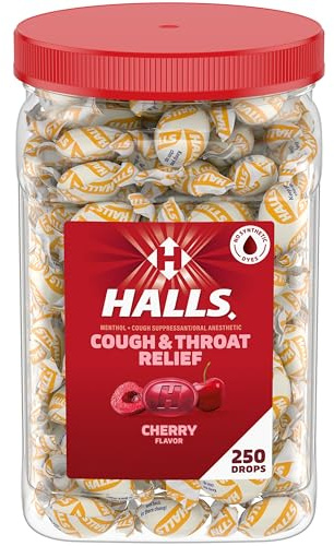 Halls Cough and Throat Relief Cherry Cough Drops, Bulk Pack, 250 Drops
