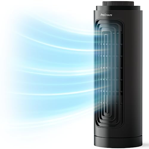 Pro Breeze 13 Inch Desktop Mini Tower Fan - Small, Quiet & Portable Desk Fan - for Bedroom, Home Office & Kitchen - 3 Fan Speeds, Automatic Oscillation, & Quiet Cooling - Black