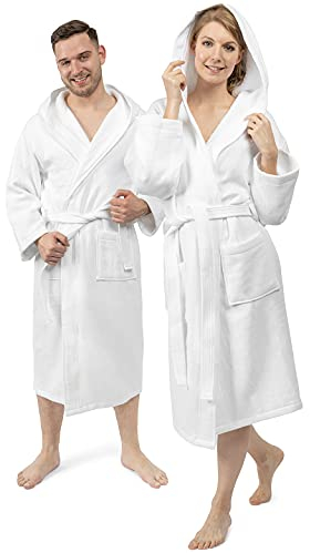 Weißer Bademantel von Luxe Era. Unisex für Damen und Herren mit Kapuze.reine Baumwolle.Kombination aus Waffelpique und Frottee..4Jahreszeiten.weiß.Gr.L…