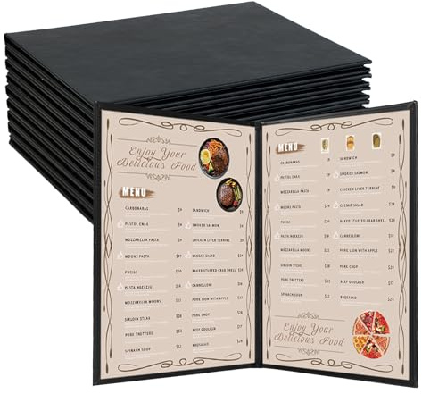 FLKQC Restaurant Menu Covers Holders 8.5 x 11 | Pack of 10 Synthetic Leather Double Fold Panels 2 View with PVC Cover for Wine List, Drinks (10, Double Fold Panels 2 View (8.5 x 11 inch))