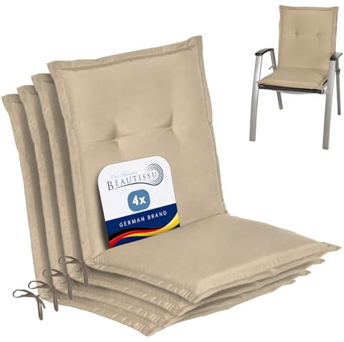 Beautissu 4er Set Niedriglehner Auflage Gartenstuhl mit Schaumkern Füllung | 100x50x6cm Natur Sitzkissen Niederlehner Rückenkissen niedrig Stuhlkissen Kissen Gartenstuhlauflagen Stuhlauflagen Loft NL
