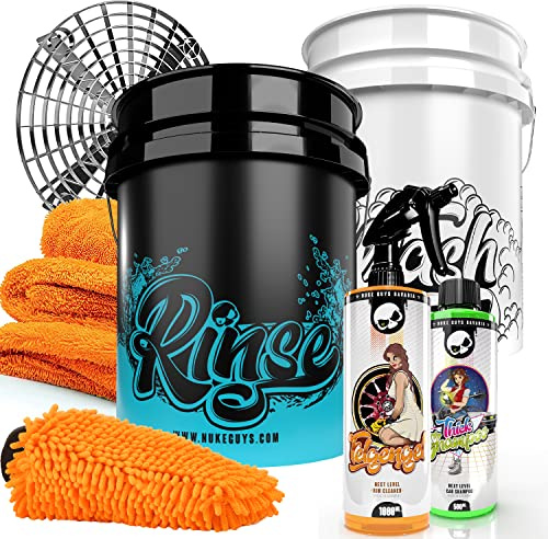 Nuke Guys Handwäsche Auto Bundle - 2X Wascheimer 5GAL Bucket Set + 1x Grit Guard Schmutzfalle + Autoshampoo + Felgengel Felgenreiniger pH neutral + Gamma Dryer XXL Trockentuch + Waschhandschuh