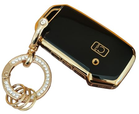 WENHENI for KIA Key Fob Cover Key Fob Shell With KeyChain Fit for KIA Ceed Cerato Forte NIRO Seltos Sorento Soul Sportage Telluride (Gold-black)
