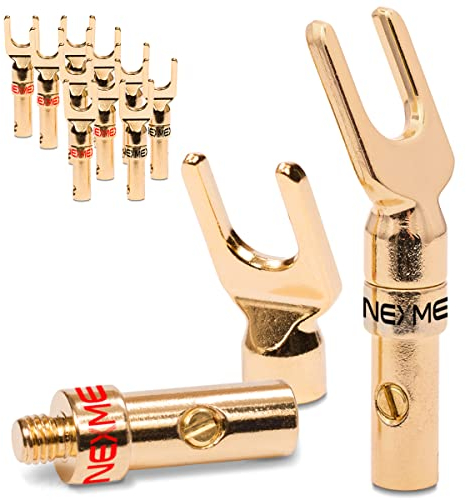 12x NEXMEX High End Kabelschuhe Gabelschuhe 24K vergoldet für Kabel bis 6mm² löt- oder schraubbar Steckverbinder für Lautsprecherkabel Verstärker HiFi-Boxen Endstufen