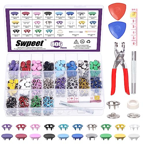 Swpeet 200Sets - 807Pcs 3/8 2 Styles 10 Colors Solid and Hollow 5 Prong Metal Snaps Buttons with Snap Fasteners Tool Fastener Pliers and Tailor's Chalk Assortment Kit, Snap on Buttons for DIY Craft