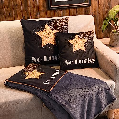 Surwin Flanelldecke Reisedecke Kissen Decke 2 in 1, Super Weich Luxuriös Flugzeugdecke, Reißverschluss Verwandlungskissen, Multifunktionale Wohndecke Sofakissen Zierkissen (150x200cm,Glücksstern)