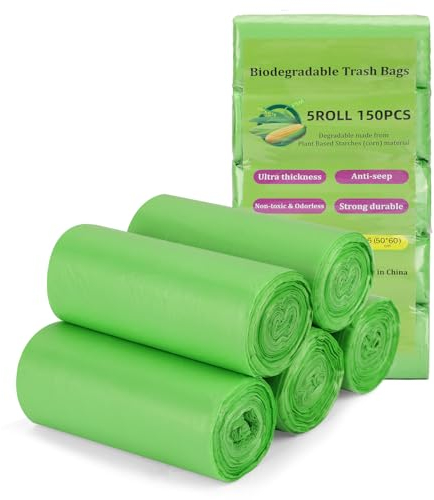 Biomüllbeutel, 150 Stück 20 Liter Bio Müllbeutel, Bio Beutel 5.2 Gal Müllbeutel, Biologisch Abbaubar, 100% Recycelt Müllsäcke Biomüll-Abfallbeutel für Küche, Büro, Wohnzimmer,Haushalt (50x60cm)