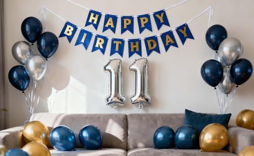 11. Geburtstag Dekoration Junge, Geburtstagsdeko Jungen 11 Jahre, 11. Ballon Metallic Silber Blau Gold Deko, Luftballon 11. Geburtstag Party Deko Junge(11.)