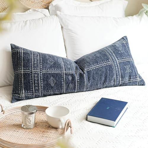 BlissBlush Decorative Lumbar Pillow Cover 14x36, Long Decorative Throw Pillow for Bed, Blue Boho Textured Chenille Accent Pillowcase for Bedroom Home Décor (Cover Only)