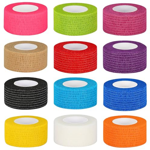 12 Pack Self Adhesive Bandage Wrap 1 Inch Cohesive Bandage Self Adherent Vet Wrap for Dog Pets Elastic Bandage Finger Tape Self Stick Wrap for First Aid Sports Athletic Tape (Mixed Colors)