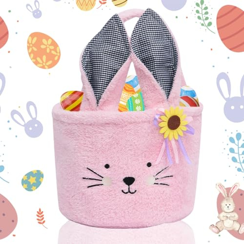 Osterkörbchen Kinder Osterkorb mit Henkel, Plüsch Ostertasche Kinder mit Ohren, Osterhasen Tüten, Osterbeutel Stoff, Ostern Geschenktüten, Osterdeko Osterkörbe Bastelsachen Deko (Rosa)