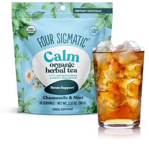 Four Sigmatic Calm Organic Herbal Tea | Stress Relief Tea with Ashwagandha & Reishi | Instant Adaptogenic Drink for Relaxation | Vegan, Gluten-Free | Chamomile & Mint, 24 Servings