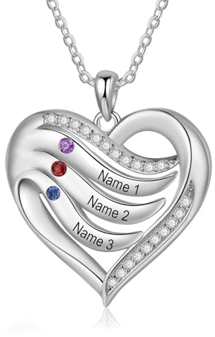 Lam Hub Fong Personalisierter Damen Halskette 925 Silber Herz Anhänger mit Gravur 2-3 Namen Simulierte Birthstone Kundenspezifische Halskette Tochter Mutter Geschenk für Muttertag Valentinstag